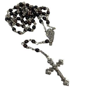 Vintage Glass Bead Silver Tone Rosary Crucifix